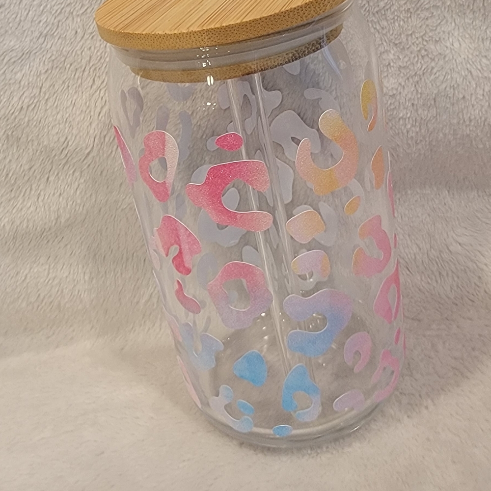 Colorful Leopard Print Glass Jar with Bamboo Lid